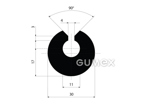 Gumový profil kruhový, priemer 30mm, drážka 11mm, 70°ShA, EPDM, -40°C/+100°C, čierny